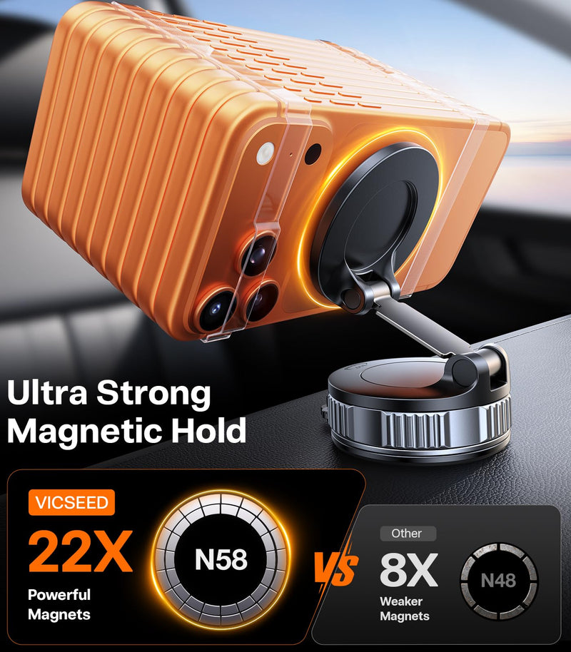 VICSEED Ultimate for Magsafe Car Mount [98+LBS Strongest Suction] 360° Vacuum Magnetic Phone Holders for Your Car Metal Arm Foldable Cellphone Mount for iPhone 17 16 15 14 13 12 Pro Max Air Android Light-Grey