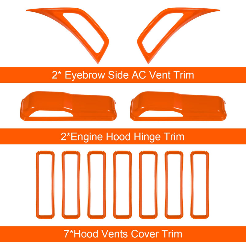 Bonbo Hood Vents & Engine Hood Hinge & Side AC Vent Outlet Trim Exterior Accessories fit for Jeep Wrangler JL JLU Sports Sahara Freedom Rubicon Unlimited Gladiator JT 2018-2023 11PCS (Orange) Orange