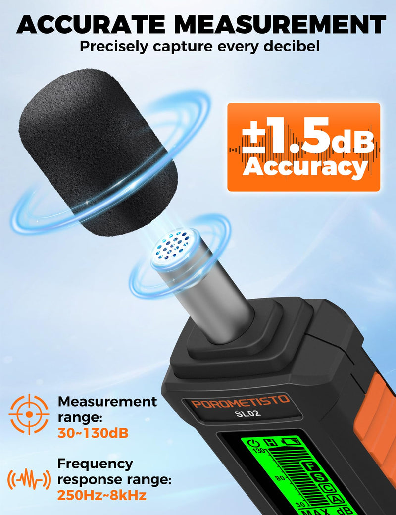 Sound Level Meter, POROMETISTO 30-130dB Noise Decibel Meter with A/C Weighted, ±1.5dB Accuracy, Data Hold, SPL Tester for Home, Factory, Office & Noisy Neighbors