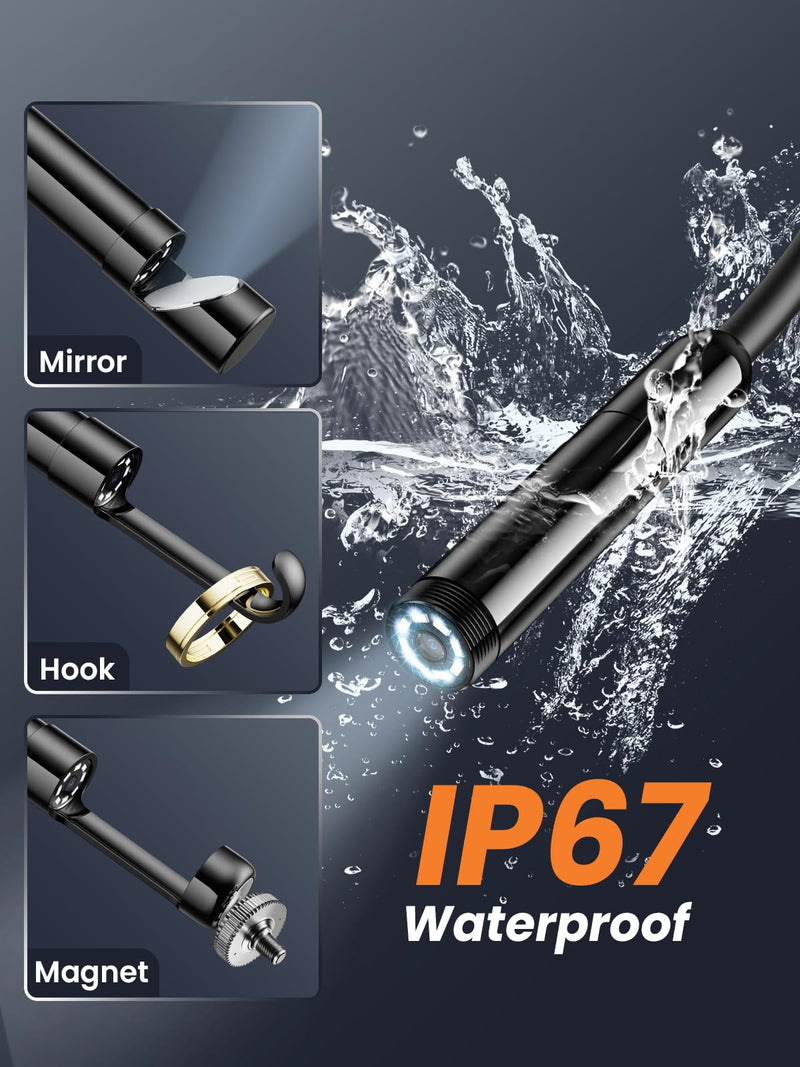 Endoscope Camera with Light, 1920P HD Borescope with 8 LED Lights, 33 FT Semi-Rigid Snake Inspection Camera, IP67 Waterproof Drain Pipe Borescope Mens Tool for iOS and Android