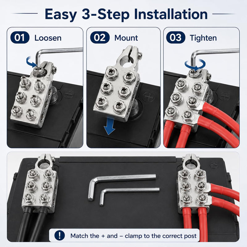 12-Way Battery Terminal Connectors, Car Positive & Negative Battery Terminal Clamps for Lead Acid, 8AWG up to 4/0(XL) AWG Terminals Connector for SAE/DIN/EN Tapered Top Post