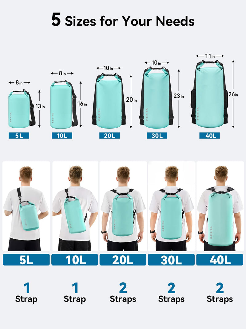 HEETA Waterproof Dry Bag for Women Men, 5L/10L/20L/30L/40L Roll Top Lightweight Dry Storage Bag Backpack with Emergency Whistle for Travel, Kayaking, Boating, Camping, Beach, Cruise Ship Essentials 10L Mint Green
