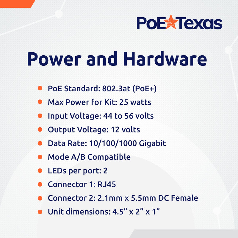 PoE Texas 12 Volt PoE+ - IEEE 802.3at - Splitter Splits Power Over Ethernet to 12v DC & Gigabit Data with Opto-Isolation Protection for 12v 25w Devices, Tablets, Single Board Computers, PTZ Cameras