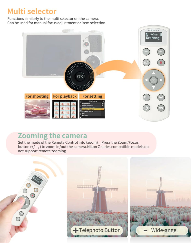 for Nikon Wireless Camera Remote Control - Aodelan Rechargeable Shutter Release Trigger with OLED Screen for Zfc, Z50, P1000,A1000, P950, B600; Replaces Nikon ML-L7(White) Update White Remote for Nikon