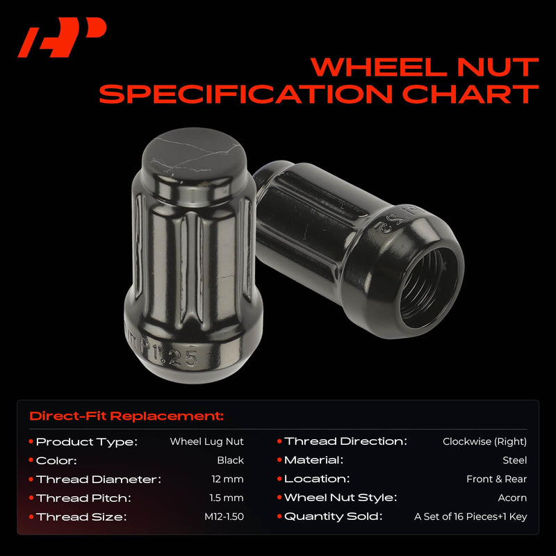 A-Premium 16-PC M12 x 1.25 Wheel Lug Nut w/Socket Key For Arctic Cat Vehicles - Kawasaki Mule Teryx & Yamaha Viking Wolverine Yxz1000R - Front & Rear