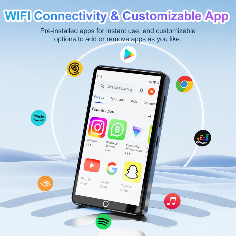 MP3 Player with Bluetooth and WiFi, Android Music Player with Camera, 4.0" Touch Screen MP4 Player with Spotify, Audible, Amazon Music, Play Store, 16GB Storage (Black) Black