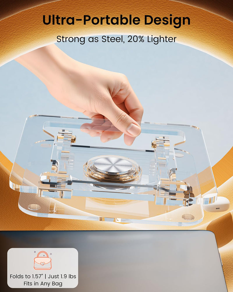 Laptop Stand for Desk - Adjustable, Foldable Clear Acrylic Riser with 360° Rotating Base, Ergonomic Laptop Holder for MacBook Pro/Air & 10-16” Notebooks Acrylic - Transparent color
