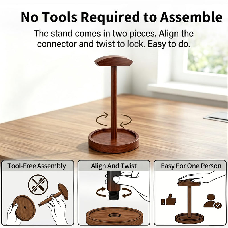 Headphone Stand Nature Wood Headset Hanger Mount Hook Gaming Holder Desktop Earphone Artful Functional Stand for All Headsets with Solid Wooden Base Walnut Storage Base