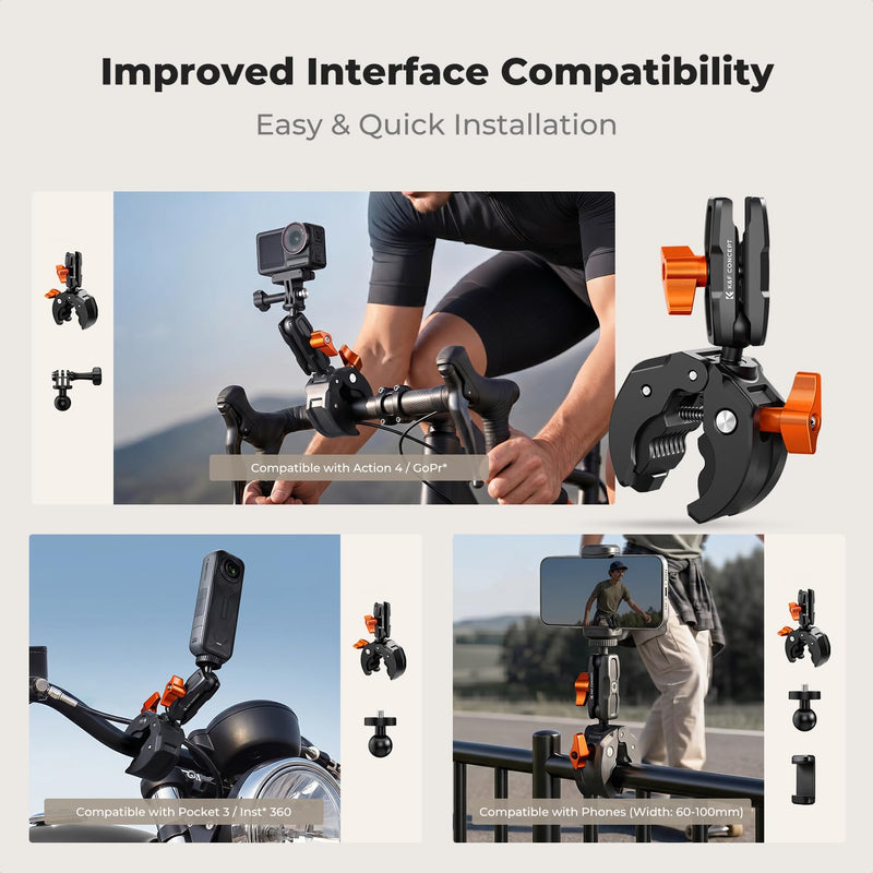 K&F CONCEPT Motorcycle Bike Clamp Mount 360° BallHead for Action Camera | Adjustable Handlebar Clamp Mount for Cycling/Motorcycle/Bicycle/Handbar/Round Tube(0.31-1.85"), MS66
