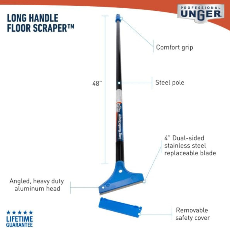 Unger Professional Long Handle Floor Scraper Tool with 4ft (48”) Handle, Reversible Blade Tool for Cleaning Concrete, Linoleum Flooring, Vinyl, Tile, High-Gloss, Marble