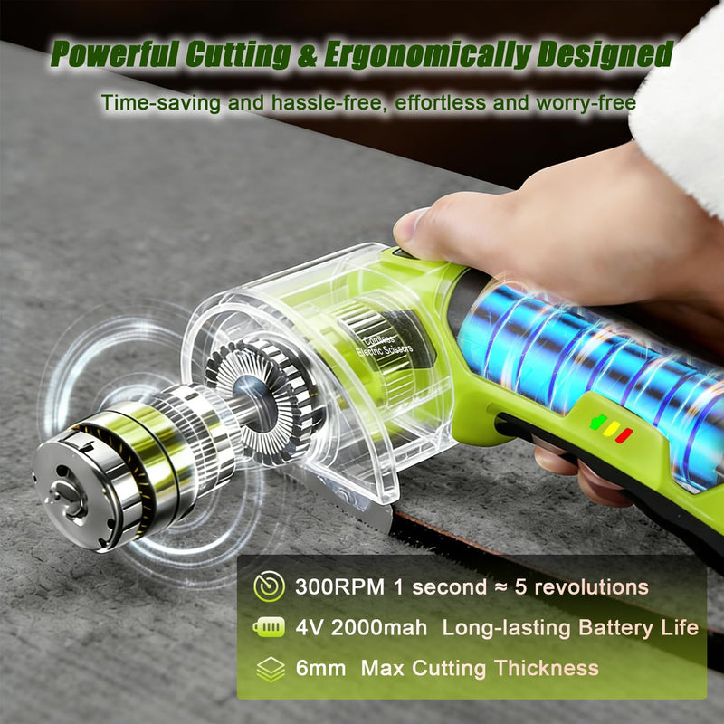 Cordless Electric Scissors, 4V Rechargeable Rotary Cardboard Cutter, 2 Blades, Safety Lock & LED Light, Multipurpose Cutter for Carton, Fabric, Carpet, Plastic, Leather