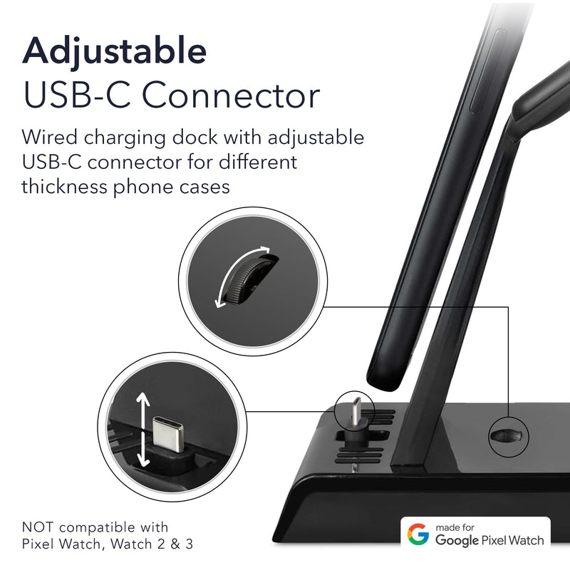 Wasserstein 3-in-1 Wired Charging Station Compatible with Google Pixel, Buds & Watch 4 (41mm & 45mm) - NOT Compatible with Pixel Watch 1, 2 & 3 - Adjustable USB-C Plug - Made for Google