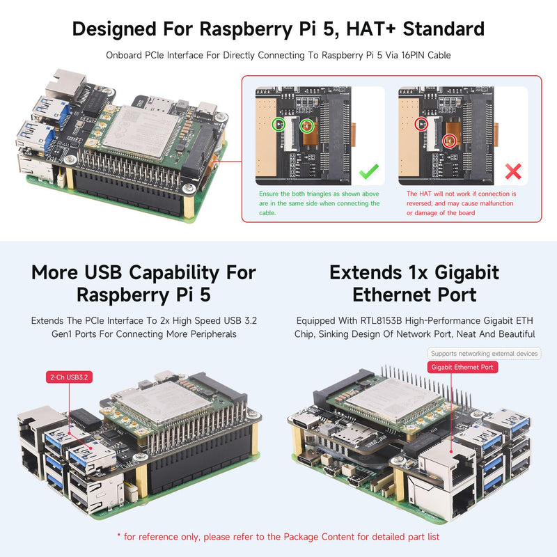 Waveshare PCIe to MiniPCIe/Gigabit Ethernet/USB 3.2 Gen1 HAT, Compatible with Raspberry Pi 5, Supports MiniPCIe Interface 4G Module, High-Speed Networking, Multiple OS Support