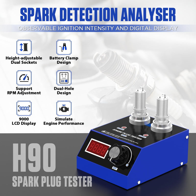 BELEY Spark Plug Tester Automotive Engine Ignition Coil Tester Dual Holes 500-9000rpm Working Frequency with LCD Display,110V/220V Car Spark Plugs Tester Tool for 12V Gasoline Vehicle. H90