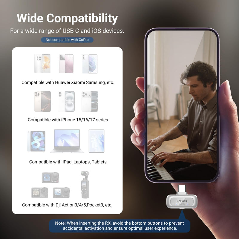 NEEWER KM19 Wireless Lapel Microphone Compatible with iPhone 17 16, Silver | Compatible with iPhone Android & PC, Mini Lav Mic, App Control, 3 Level Noise Cancelling, 30H Battery, 100m, Video Recording
