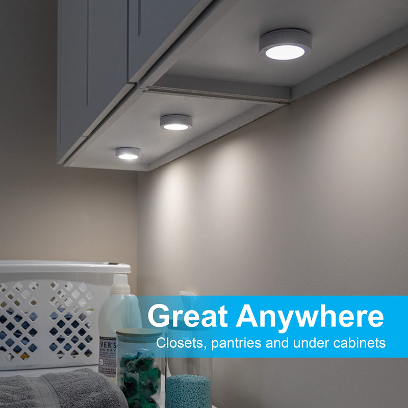 GE Wireless LED Puck Lights, Battery Operated, 20 Lumens, Touch Light, Tap Light, Stick On Lights, Under Cabinet Lighting, Ideal for Kitchen Cabinets, Closets, Garage and More, 4 Pack, 45997 White