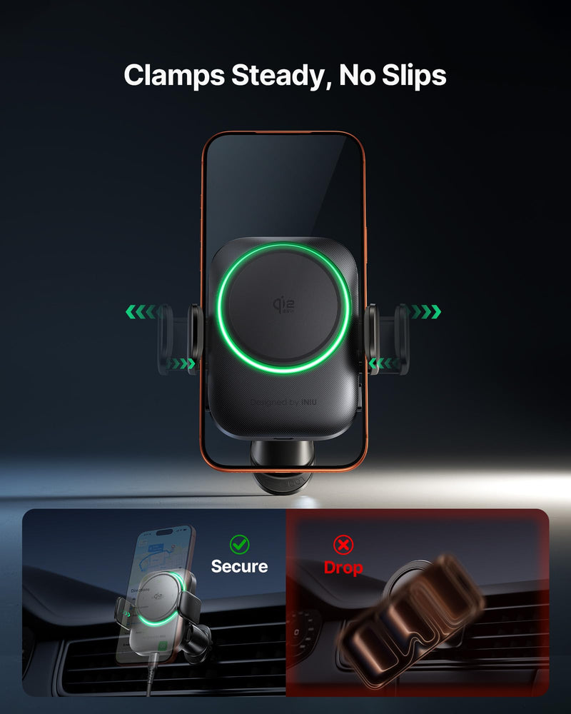 INIU MagSafe Car Mount Charger, Original Qi2.2 Certified 25W Fast Charging | 3-in-1 Magnetic Wireless Charger, Cooling Fan to Extend Battery Life, Extra Clamp for Bumpy Road, for iPhone 17-12 Series