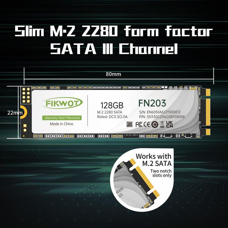 Fikwot FN203 M.2 SATA SSD - SLC Cache 3D NAND TLC SATA III 6Gb/s M.2 2280 NGFF Internal Solid State Drive, Up to 550MB/s, Compatible with Ultrabooks, Tablet Computers and Mini PCs (128GB) 128GB