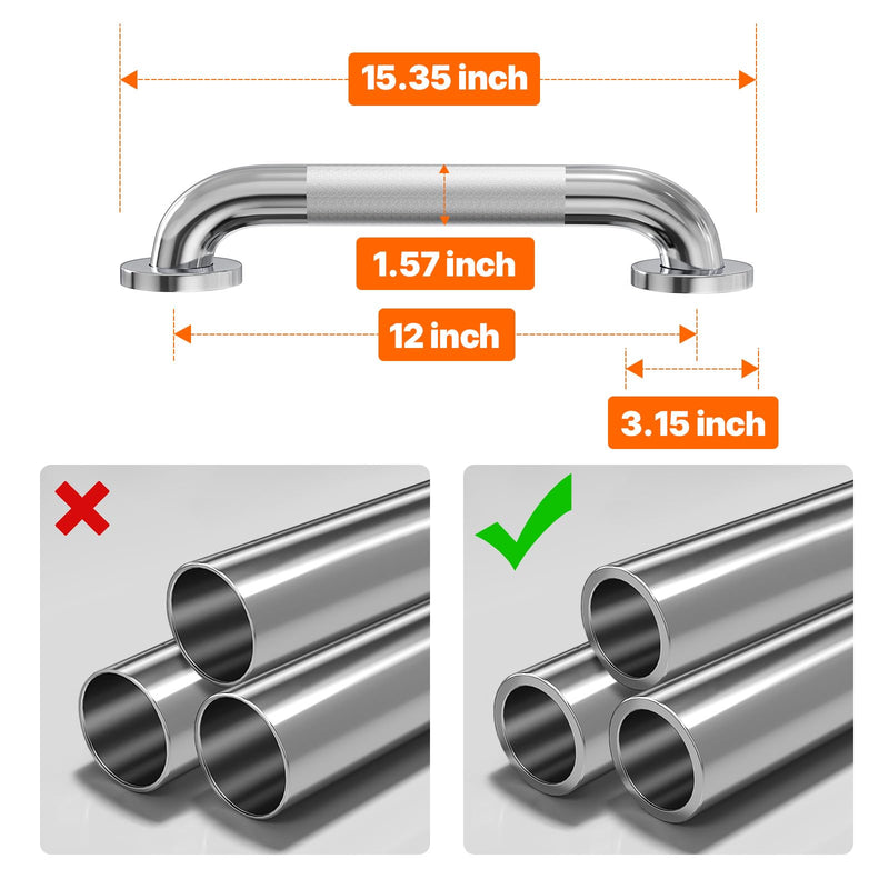 304 Stainless Steel Handrail, 12 Inch Home Care Bath Handrail, Safe Load Capacity 500lb, Grab Bar Suitable for Bathrooms, Stairs, Corridors（12 Inch）