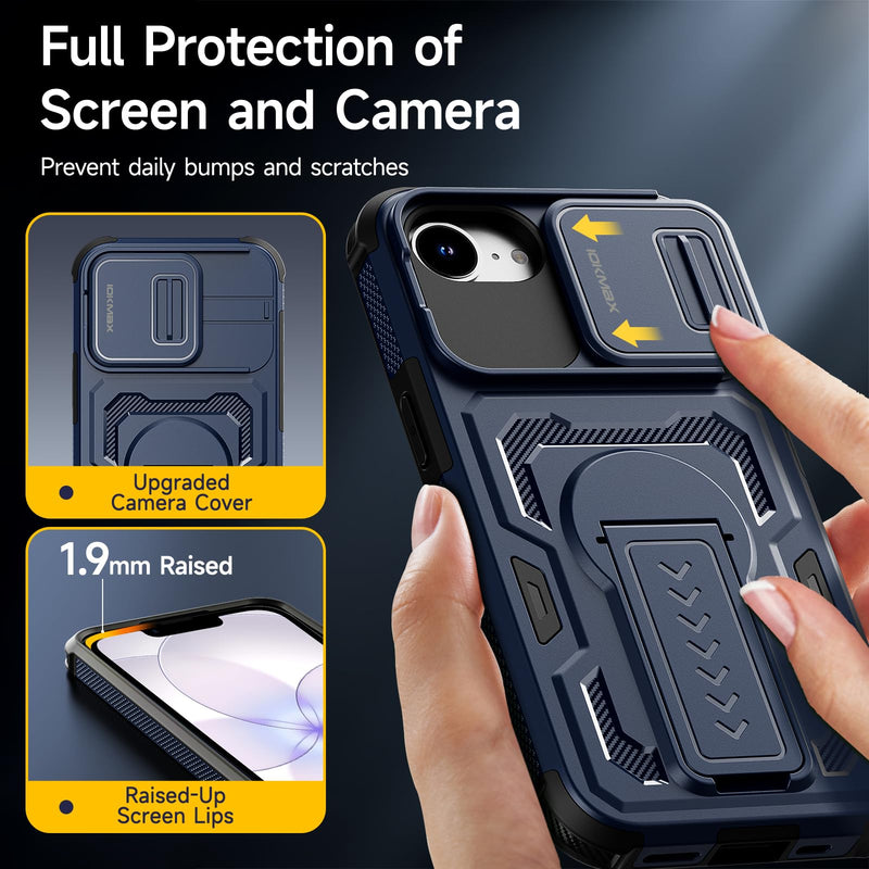 for iPhone 17e Case/iPhone 16e Case with 2*Screen Protector, Blue | Slide Camera Cover,Kickstand,Lanyard Strap, Military Grade Shockproof Protective Heavy Duty Non-Slip for 17e Phone Case 6.1"