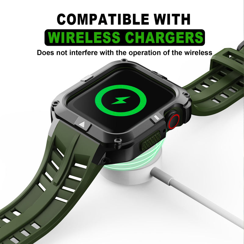 T-ENGINE Metal Case Compatible with Apple Watch Series 7/8/9 (45mm) for se Series 6/5/4 (44mm), One-Piece Metal Case with TPU Band for 45mm 44mm Black+Army Green 44mm-Series 6 SE 5 4