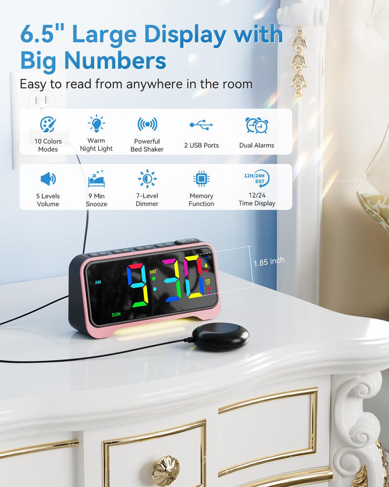 Loud Alarm Clock for Heavy Sleepers Adults, Bed Shaker Alarm Clock with 10-Color Modes/Night Light/USB Charger/7 Dimmer/Battery Backup, Vibrating Alarm Clocks for Hearing Impaired Deaf, Kids, Teens Pink With Bed Shaker