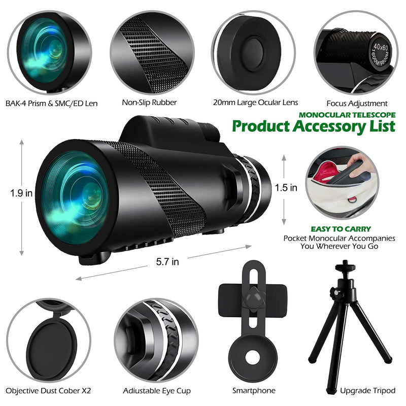 80x100 HD Monocular Telescope, portable telescope with Smartphone Adapter, Tripod, monocular for Bird Watching, Hunting, Hiking, Camping