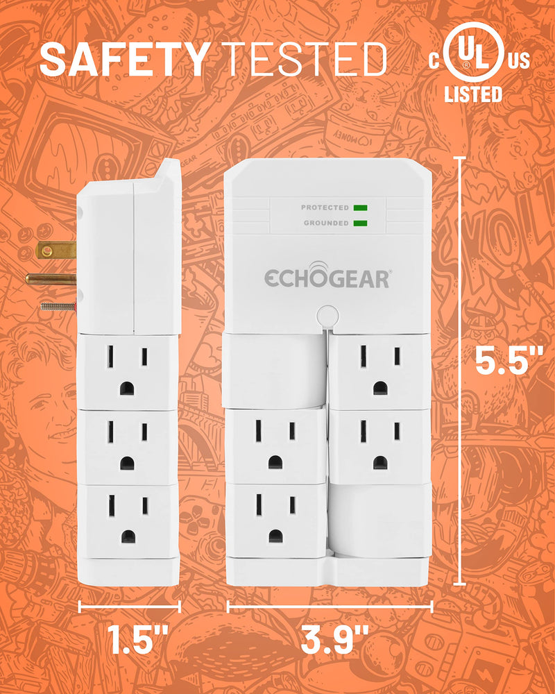 ECHOGEAR On-Wall Surge Protector with 6 Pivoting AC Outlets & 1080 Joules of Surge Protection - Low Profile Design Installs Over Existing Outlets to Protect Your Gear (White) White