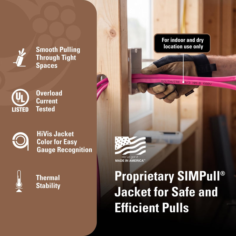 Southwire Romex SIMpull™ Residential Wire, 10 Gauge, 3 Conductor, 25Ft, NMW/G Wire, Pink, 63948521
