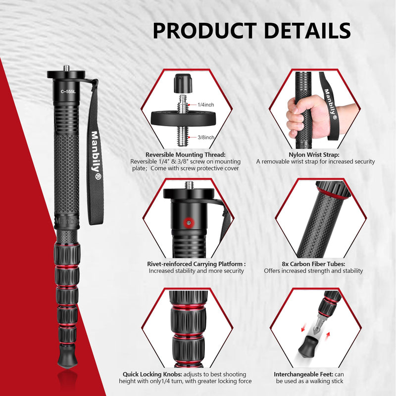 Carbon Fiber Camera Monopod, Portable Compact Lightweight Travel Monopod with Walking Stick Handle for DSLR Canon Nikon Sony Video Camcorder, 28mm Thick Leg, Max Load 22 lbs/10kg