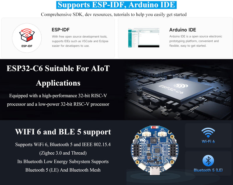 ESP32-C6 1.43inch AMOLED Round Touch Display Development Board, 160MHz RISC-V Processor,WiFi 6/Bluetooth 5/IEEE 802.15.4, 466×466 Pixels, Dual Digital Microphone Array, Support AI Speech Interaction