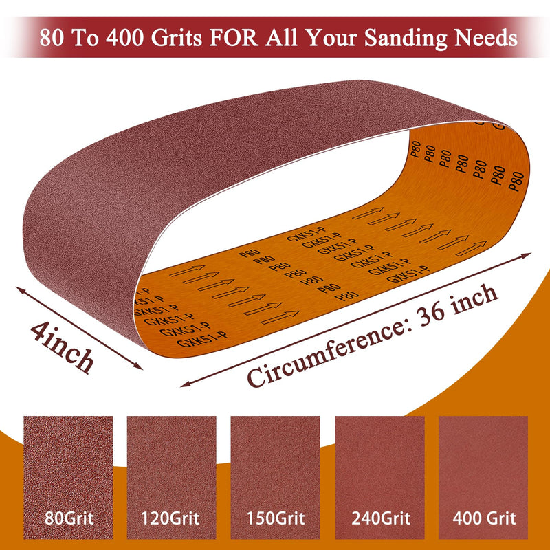 ONLYFU 55PCS 4 x 36 Inch Alumina Sanding Belts (80/120/150/240/400 Grits) with 6 Grits 6-Inch Self Stick No Hole Sanding Disc for Aluminum Oxide Sanders, Sandpaper for Wood Metal Stainless Steel 55
