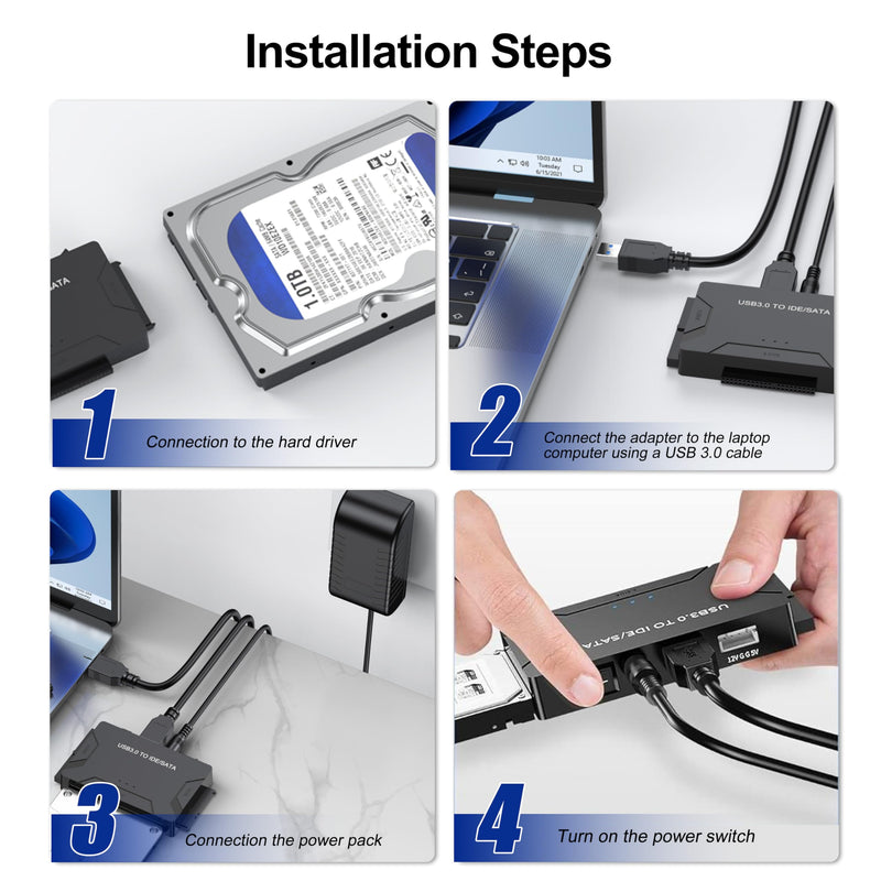 Hard Drive Reader USB 3.0 & Type C to SATA IDE Adapter, Internal Data Transfer Recovery Converter Kit with 12V/2A Power for 2.5"/3.5" SATA/IDE HDD SSD Hard Disk Internal Blu-ray Drive, up to 20TB For IDE/SATA