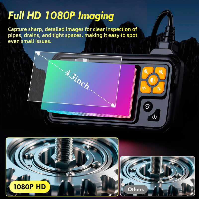 Industrial Borescope Camera with Lighting, 4.3" Borescope, 1080P HD Inspection Camera, 8 LED Lights, 16.4FT Semi-Rigid Cable, IP67 Waterproof Endoscope, Used for Pipes, Automobiles, Sewer Orange