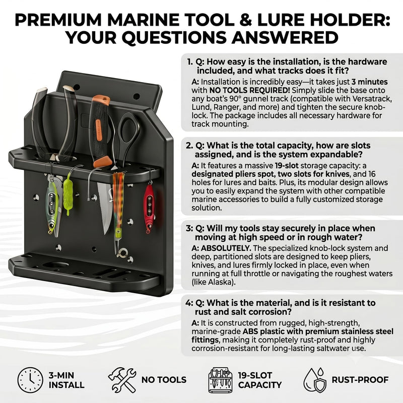 Boat Track System Tool Holder, Knife & Plier Fishing Bait Holder Combo - Compatible for Versatrack/Lund Sport Track - Marine-Grade Storage Solution. 45 Degree Boat Tool Holder