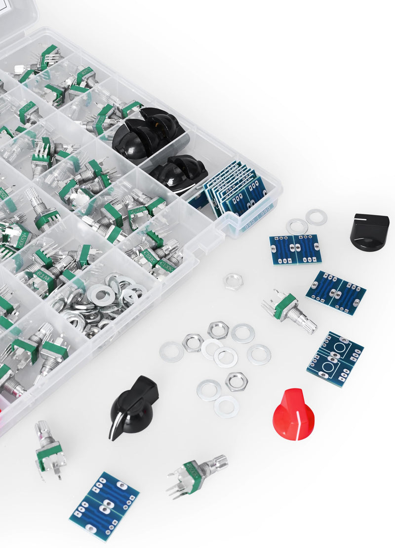 100 pcs Vertical Small 10% Tolerance 15mm Shaft 9mm Potentiometer Assortment Kit for PCB Mount 1K, 2K, 5K, 10K, 20K, 50K, 100K, 200K, 250K, 500K, 1M, Linear, logarithmic, Reverse Log