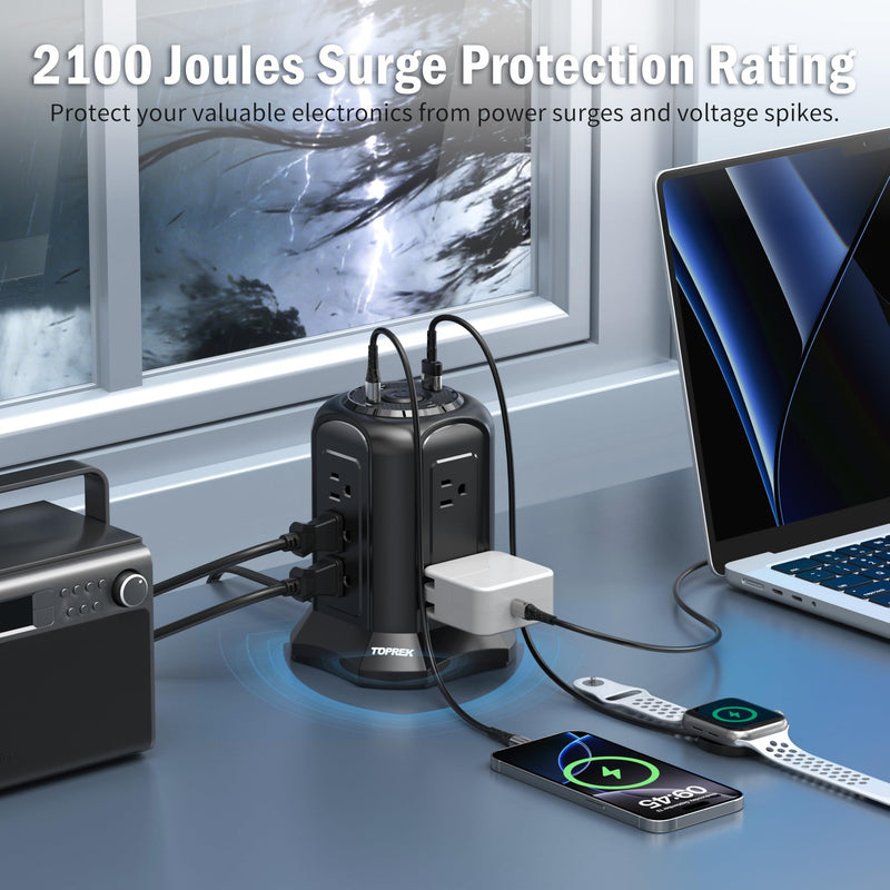 Tower Power Strip Surge Protector 2100J – 10 Outlets, 2 USB-C (20W PD), 2 USB-A, 6.5FT Flat Plug Extension Cord for Home Office, Dorm, Desktop Black