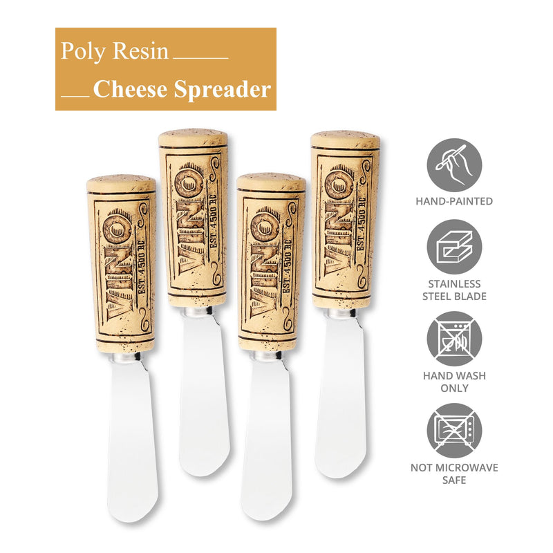 UPware Vino Wine Cork Cheese Spreaders, Hand-Painted Resin Handles with Stainless Steel Blades for Spreading Cream Cheese, Butter, and Jam, Assorted Designs, Set of 4