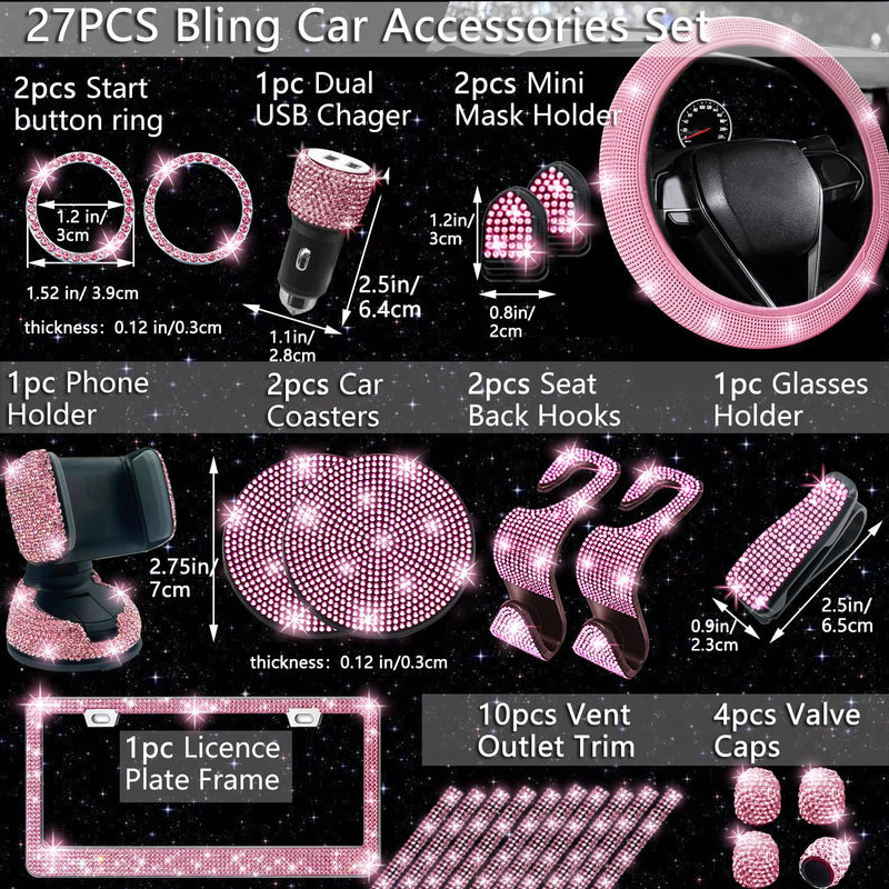 NBTEPEM 27-Piece Bling Car Accessories Set - Universal Fit Steering Wheel Covers, License Plate Frames, Phone Holder, Car Fast Charger, Coasters (Pink) Pink Diamond