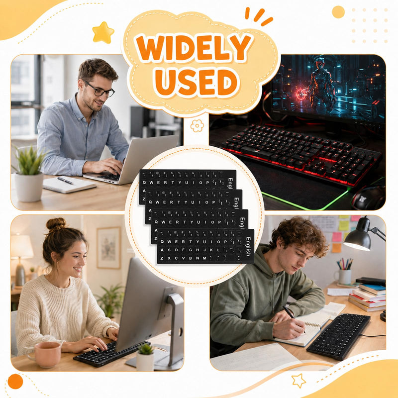 Universal Keyboard Letter Stickers, 4 Pcs English Laptop Keyboard Stickers | Replacement Keyboard Stickers for Keys with Black Background and White Lettering for Laptops Desktop Computers