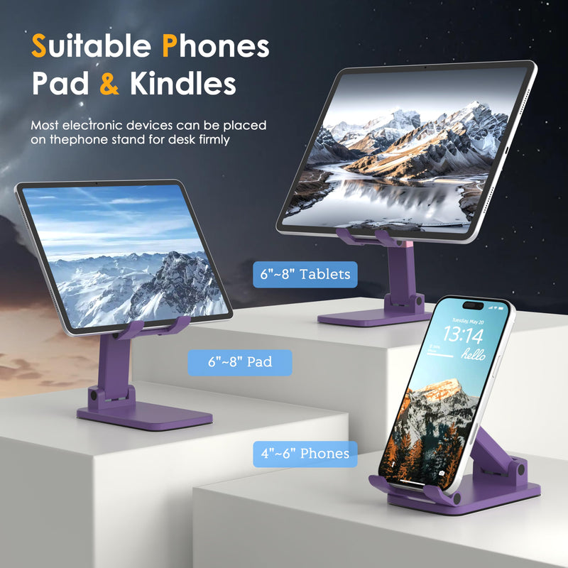 Cell Phone Stand for Desk, Adjustable Height & Angle Phone Holder, Foldable Portable Stand with Anti-Slip Silicone Pad, Compatible with iPhone and All Smartphones 4–8 Inch, Purple