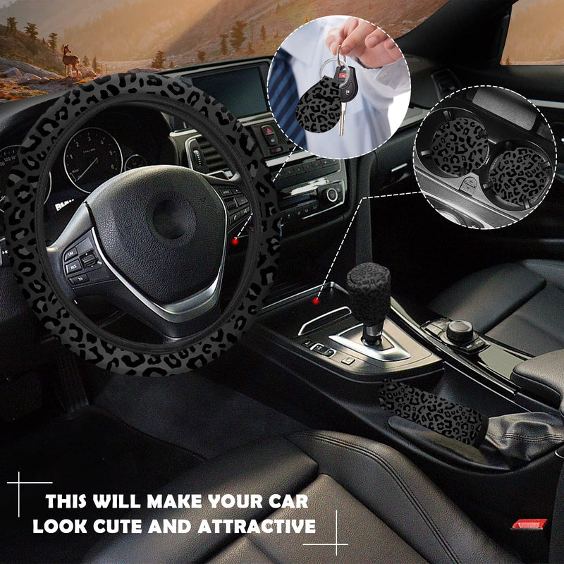 10 Pieces Leopard Print Car Steering Wheel Cover Center Console Armrest Pad Headrest Seat Belt Cover Handbrake Cover Keychain Coaster Full Set Car SUV(Leopard Print