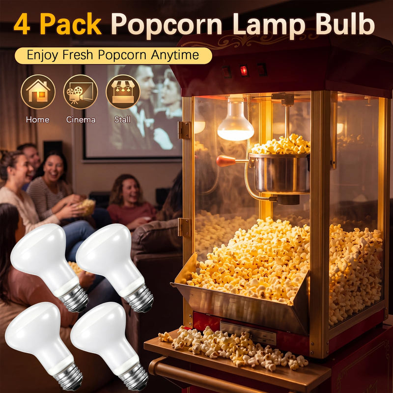4 Pack 50W 120V R20 Popcorn Machine Light Bulb Replacement, Frosted Shatter Proof Popcorn Lamp, Incandescent Reflector Heat Light Bulb for Machine Warmer & Food Display, E26 Base