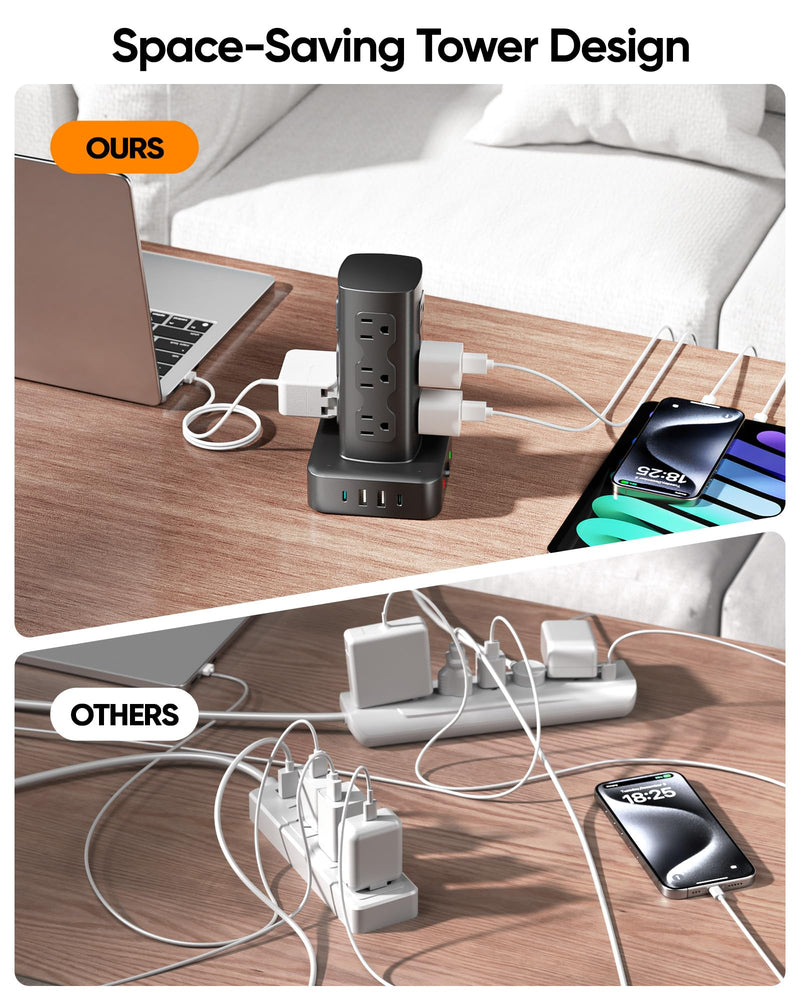 Power Strip Tower, 100W USB Charging Station Tower 12 AC Outlets | 8 USB Ports (4 USB C), 6 Ft Flat Plug Extension Cord with Multiple Outlets, Home Office Dorm Room Essentials, Black