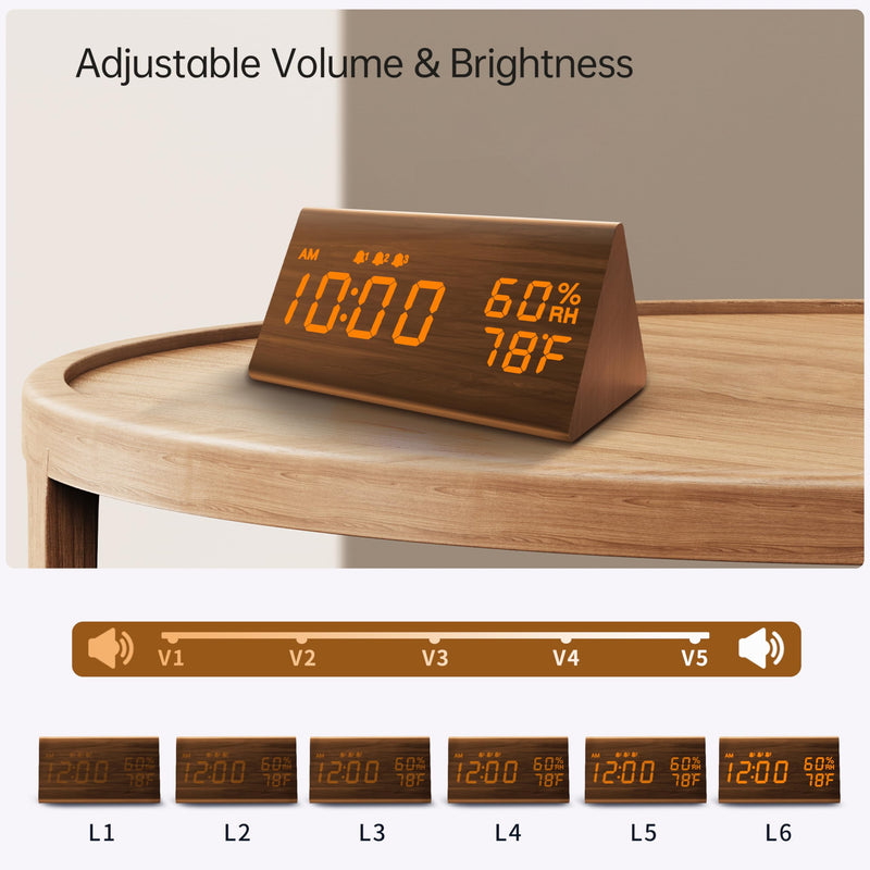 JALL Digital Alarm Clock, with Wooden Electronic LED Time Display, 3 Alarm Settings, Humidity & Temperature Detect, Wood Made Electric Clocks for Bedroom, Bedside (Brown) Brown