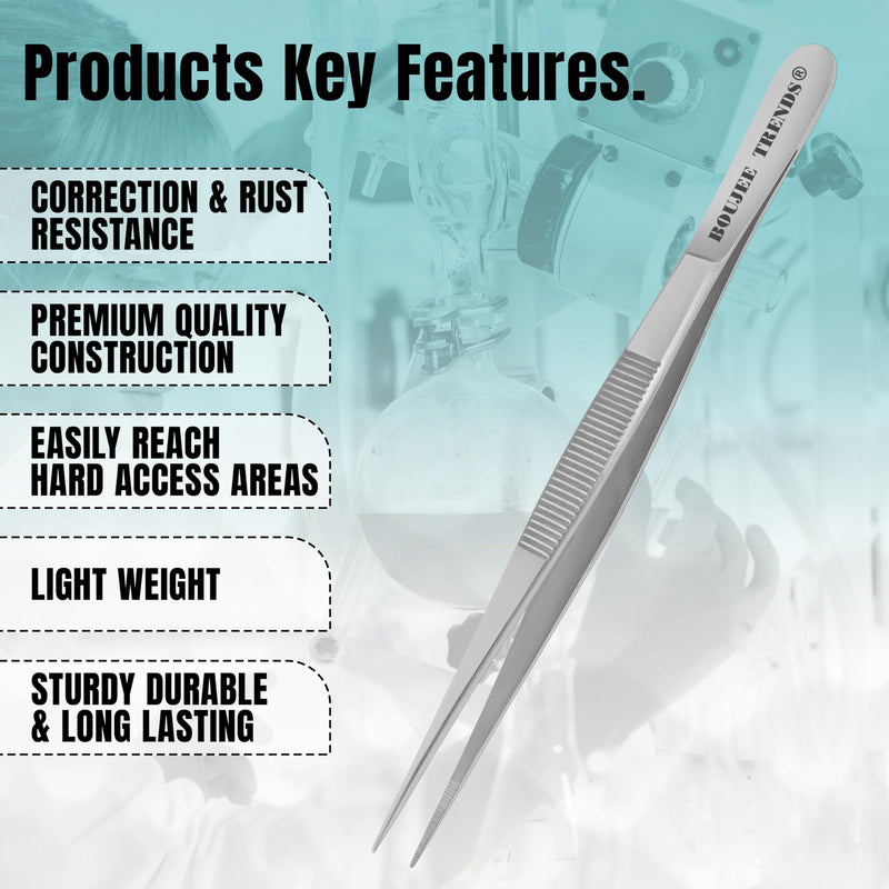 Stainless Steel High Precision Dressing Tweezers Forceps with Fine Strong Straight Serrated Point to use Engineer Labware for Scientific Art Craft Multipurpose Use (6 Inch) 6 Inch