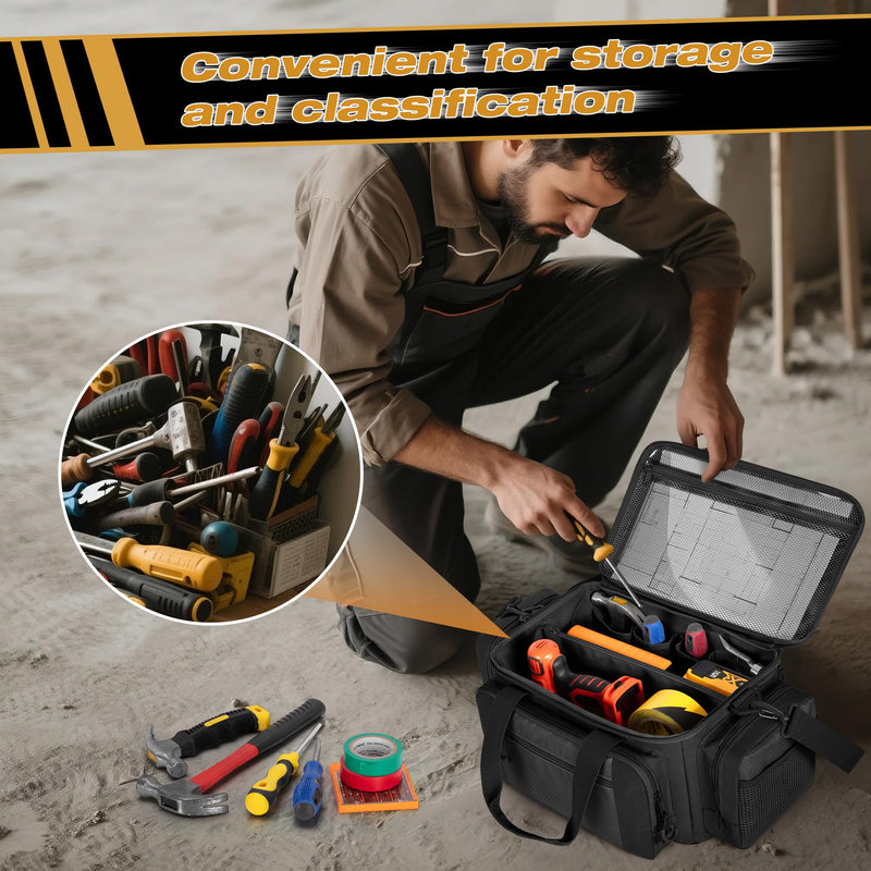 Tactical Tool Bag with Anti-friction Bottom, Hand Tool Tote Storage Organizer for Men, Small Range Bag for Electricians, Carpenters, Mechanics and Repairman, Black