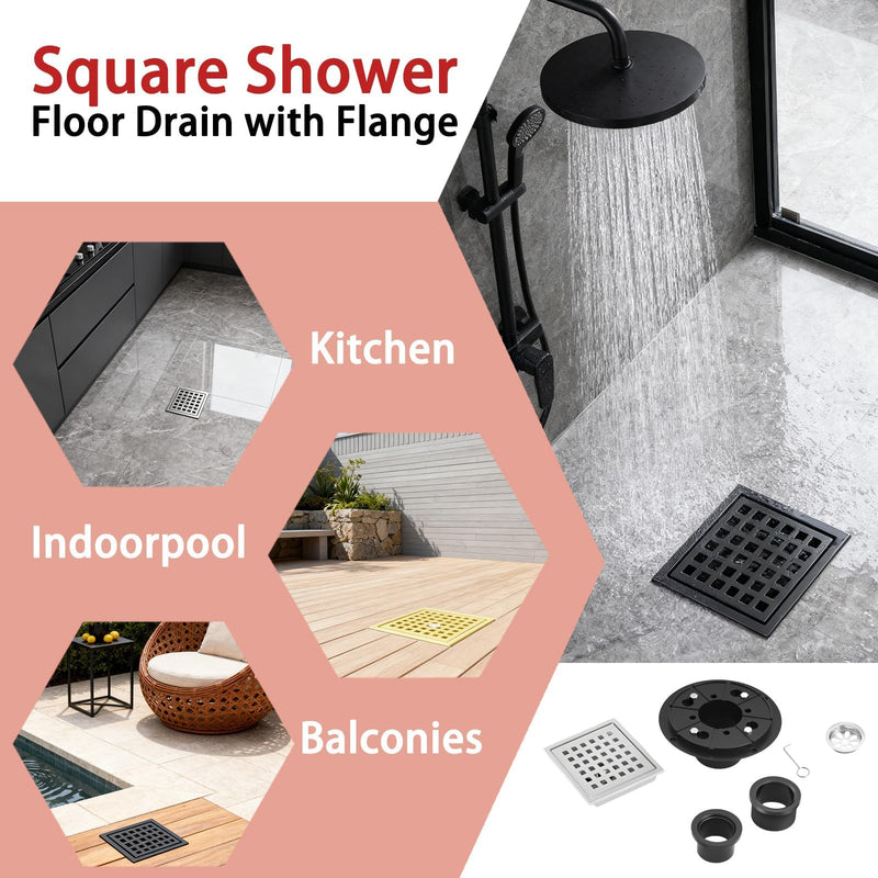 4" Square Shower Floor Drain with Flange,Quadrato Pattern Grate Removable,Food-Grade SUS 304 Stainless Steel,Watermark&CUPC Certified,Brushed (Brushed Nickel, 4 Inch) Brushed Nickel