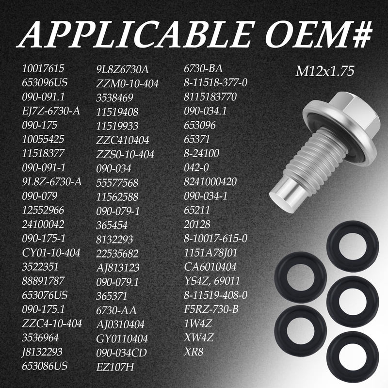M12*1.75 Oil Drain Plug with 5PCS Oil Drain Plug Gasket OEM#EJ7Z-6730-A,Iron Zinc-Coated Oil Pan Drain Plug Compatible with GMC Chevrolet Ford,Essential Oil Plug Bolt Car Accessories (M12*1.75) M12*1.75