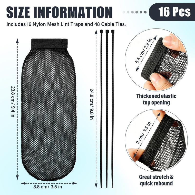 64-Piece Lint Trap and Cable Ties Set, Black | 16 Nylon Mesh Lint Traps, 48 Cable Ties, For Washing Machine, Easy and Effective Lint Filtration 16pcs Black